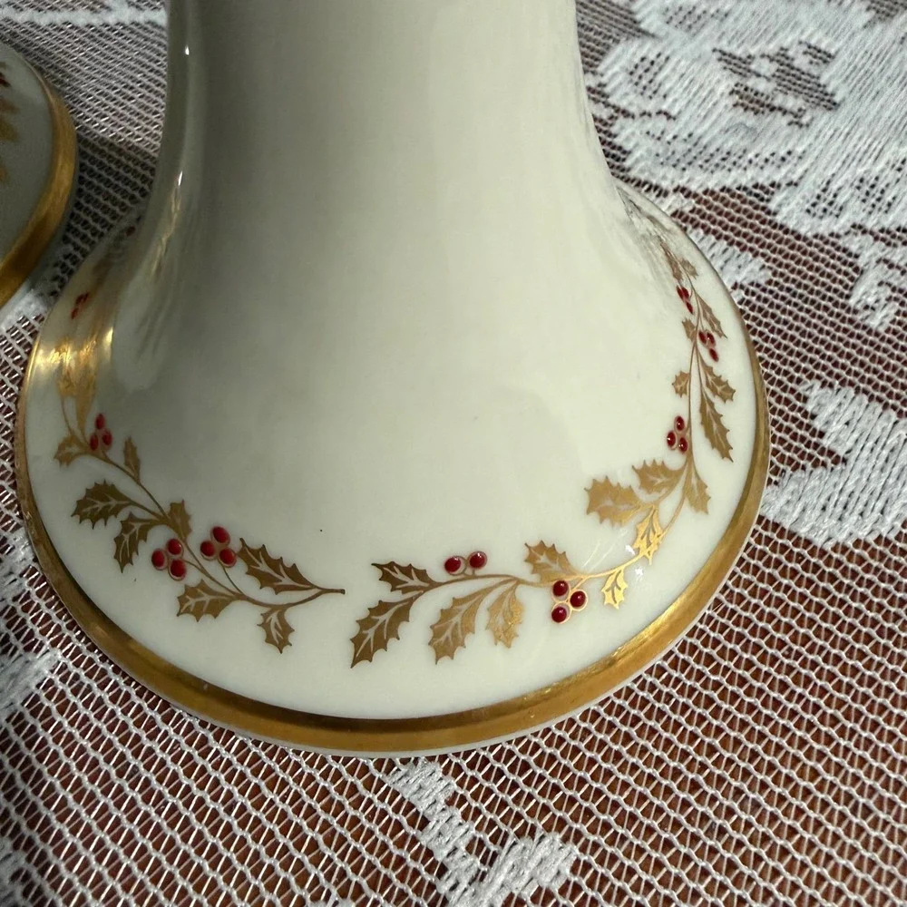 Lenox Eternal Christmas Candlestick Holders Set 2 Ivory Gold Holiday Excellent